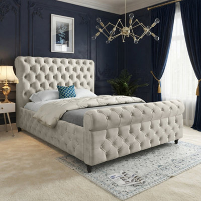  - Wareham Sleigh Upholstered Beige Soft Velvet Designer Bed Frame