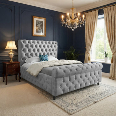  - Wareham Sleigh Upholstered Grey Soft Velvet Designer Bed Frame