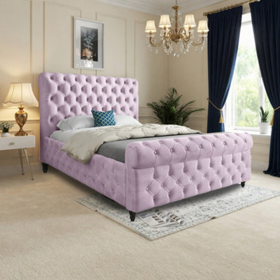  - Wareham Sleigh Upholstered Pink Soft Velvet Designer Bed Frame