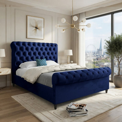  - Welshampton Sleigh Upholstered Blue Soft Velvet Designer Bed Frame