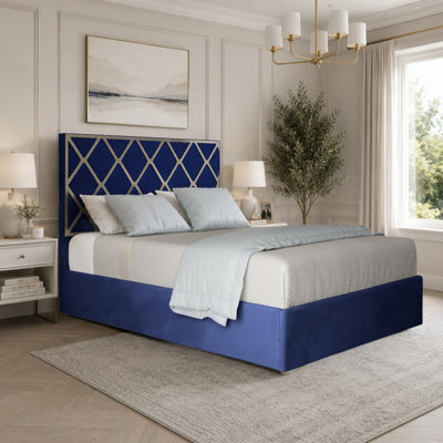  - Wilburton Upholstered Soft Velvet Blue Metal Designer Bed Frame