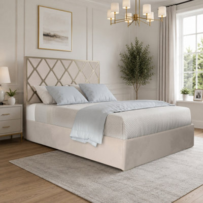  - Wilburton Upholstered Soft Velvet Beige Metal Designer Bed Frame