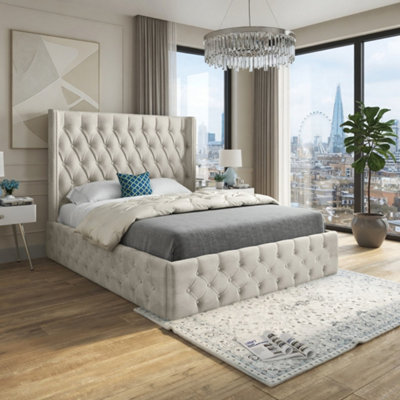  - Winchcombe Winged Upholstered Beige Soft Velvet Designer Bed Frame
