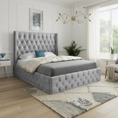  - Winchcombe Winged Upholstered Grey Soft Velvet Designer Bed Frame