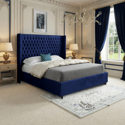  - Wormbridge Winged Upholstered Blue Soft Velvet Designer Bed Frame