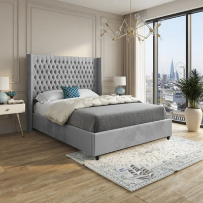  - Wormbridge Winged Upholstered Grey Soft Velvet Designer Bed Frame