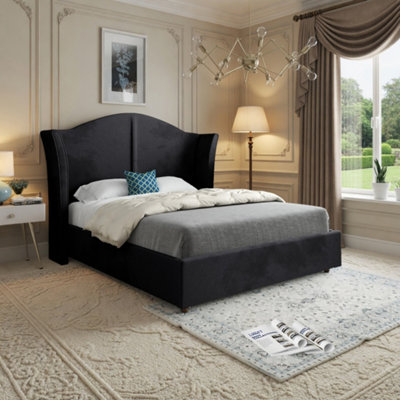  - Yorkley Curved Winged Upholstered Black Soft Velvet Designer Bed Frame