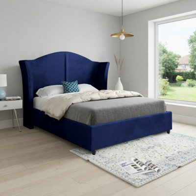  - Yorkley Curved Winged Upholstered Blue Soft Velvet Designer Bed Frame