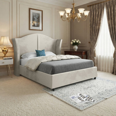  - Yorkley Curved Winged Upholstered Beige Soft Velvet Designer Bed Frame