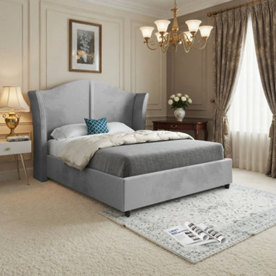  - Yorkley Curved Winged Upholstered Grey Soft Velvet Designer Bed Frame