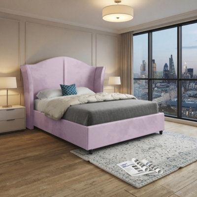  - Yorkley Curved Winged Upholstered Pink Soft Velvet Designer Bed Frame