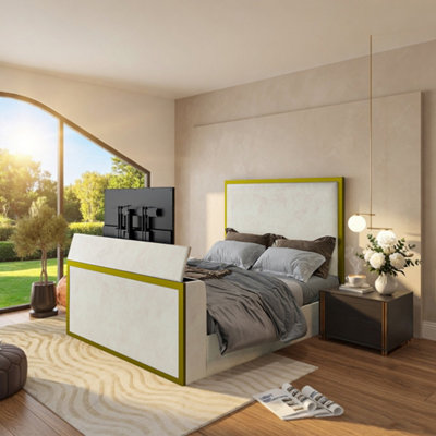  - Adisham Upholstered Electric Media Gold & Cream White Tv Bed Frame