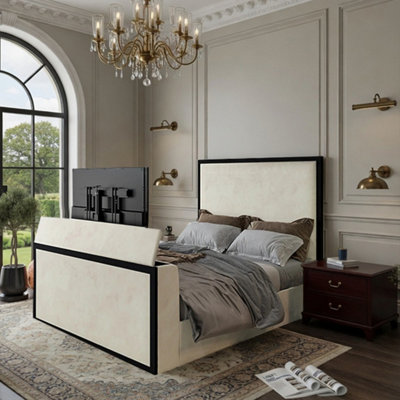  - Adisham Upholstered Electric Media Black & Cream White Tv Bed Frame