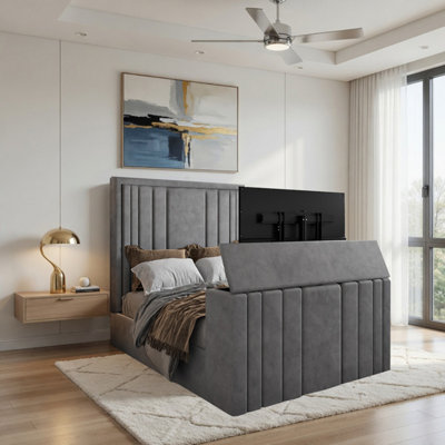  - Yedingham Upholstered Soft Velvet Grey Tv Bespoke Bed Frame