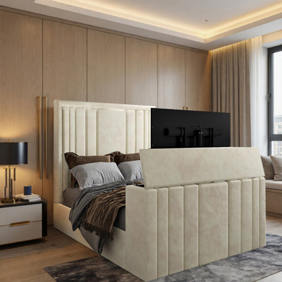  - Yedingham Upholstered Soft Velvet Cream Tv Bespoke Bed Frame