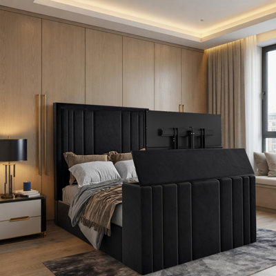  - Yedingham Upholstered Soft Velvet Black Tv Bespoke Bed Frame