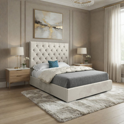  - Fikston Upholstered Beige Soft Velvet Designer Bed Frame