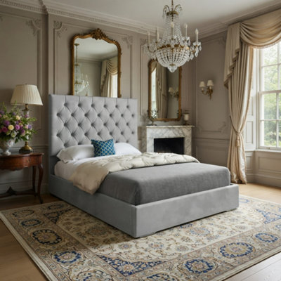  - Fikston Upholstered Grey Soft Velvet Designer Bed Frame