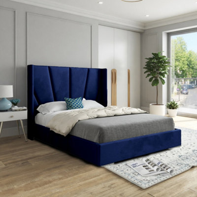  - Glemsford Wide Curved Blue Soft Velvet Designer Bed Frame