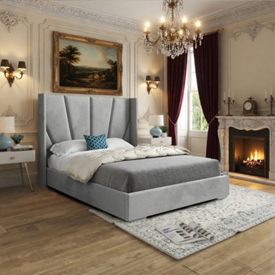  - Glemsford Wide Curved Grey Soft Velvet Designer Bed Frame