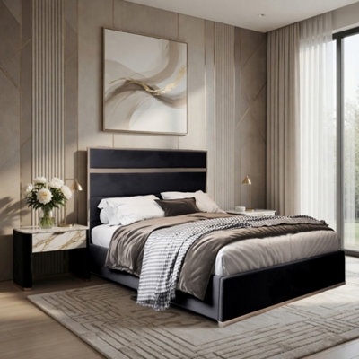  - Horam Upholstered Soft Velvet Black Metal Designer Bed Frame