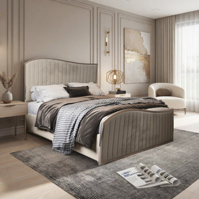  - Hythe Upholstered Soft Velvet Beige Metal Designer Bed Frame