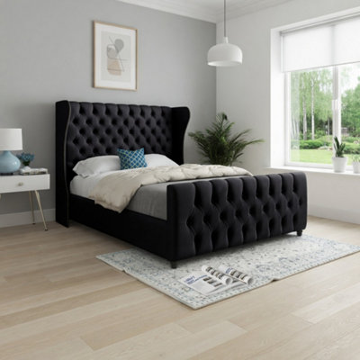  - Keysoe Straight Upholstered Black Soft Velvet Designer Bed Frame