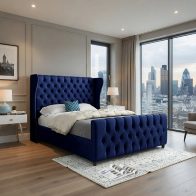  - Keysoe Straight Upholstered Blue Soft Velvet Designer Bed Frame