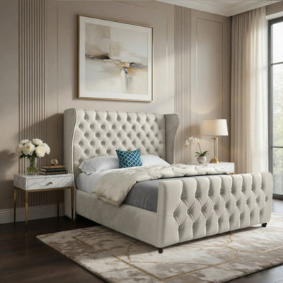  - Keysoe Straight Upholstered Beige Soft Velvet Designer Bed Frame
