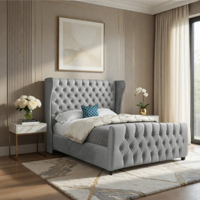  - Keysoe Straight Upholstered Grey Soft Velvet Designer Bed Frame
