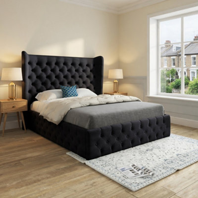  - Ledbury Wide Winged Upholstered Black Soft Velvet Designer Bed Frame