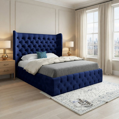  - Ledbury Wide Winged Upholstered Blue Soft Velvet Designer Bed Frame