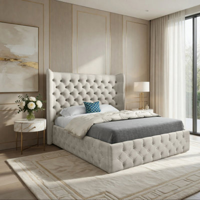  - Ledbury Wide Winged Upholstered Beige Soft Velvet Designer Bed Frame