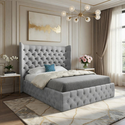  - Ledbury Wide Winged Upholstered Grey Soft Velvet Designer Bed Frame