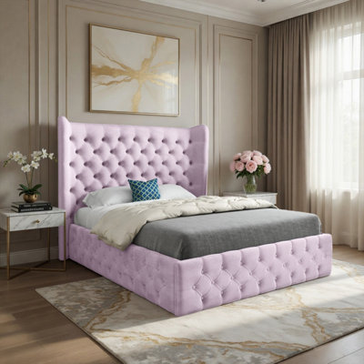  - Ledbury Wide Winged Upholstered Pink Soft Velvet Designer Bed Frame
