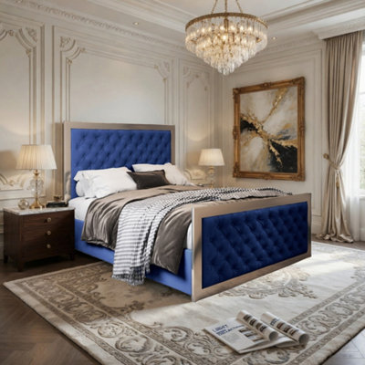  - Meopham Upholstered Soft Velvet Blue Metal Designer Bed Frame
