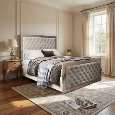  - Meopham Upholstered Soft Velvet Beige Metal Designer Bed Frame