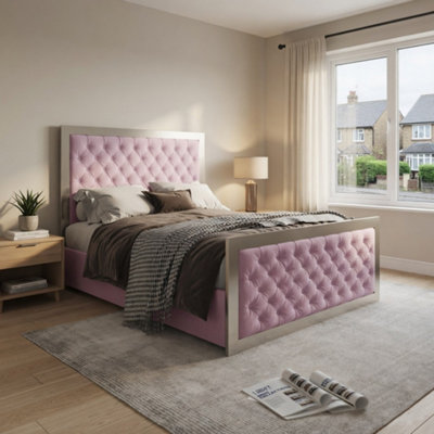  - Meopham Upholstered Soft Velvet Pink Metal Designer Bed Frame