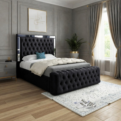  - Wimborne Mirror Upholstered Black Soft Velvet Designer Bed Frame