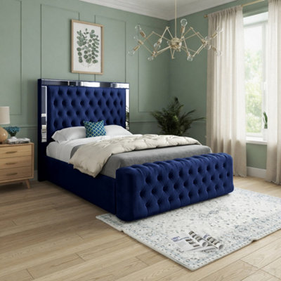  - Wimborne Mirror Upholstered Blue Soft Velvet Designer Bed Frame
