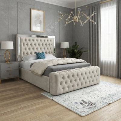  - Wimborne Mirror Upholstered Beige Soft Velvet Designer Bed Frame