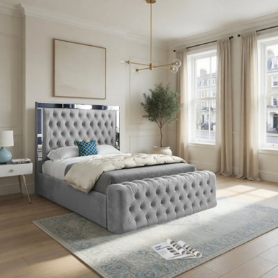  - Wimborne Mirror Upholstered Grey Soft Velvet Designer Bed Frame
