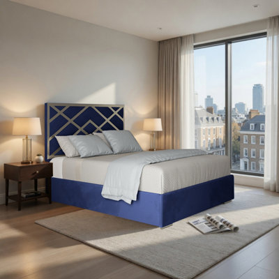  - Wolferton Upholstered Soft Velvet Blue Metal Designer Bed Frame