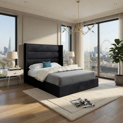  - Yeovil Winged Upholstered Black Soft Velvet Designer Bed Frame