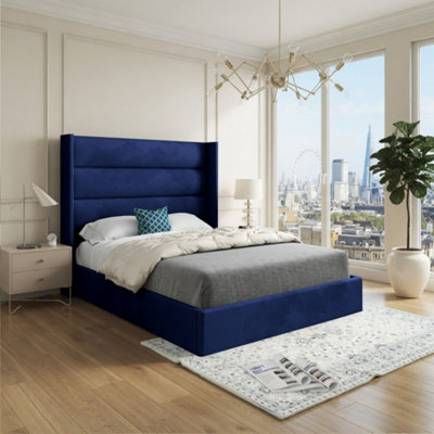  - Yeovil Winged Upholstered Blue Soft Velvet Designer Bed Frame