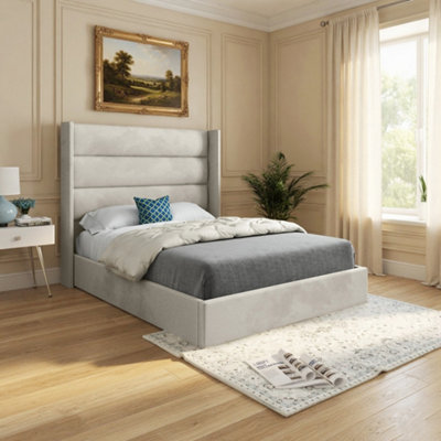  - Yeovil Winged Upholstered Beige Soft Velvet Designer Bed Frame