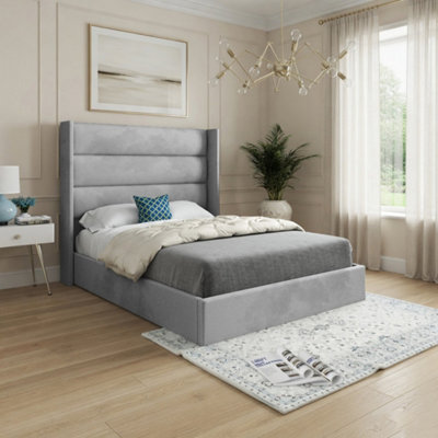  - Yeovil Winged Upholstered Grey Soft Velvet Designer Bed Frame