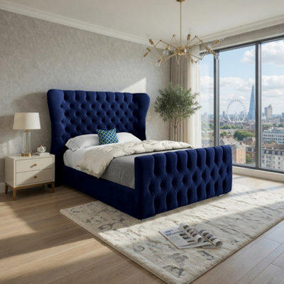  - Skegness Wide Curved Blue Soft Velvet Designer Bed Frame