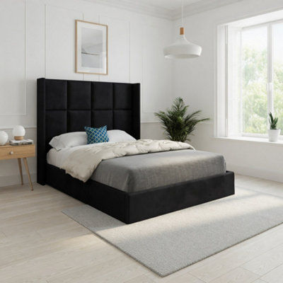  - Stafford Winged Upholstered Black Soft Velvet Designer Bed Frame
