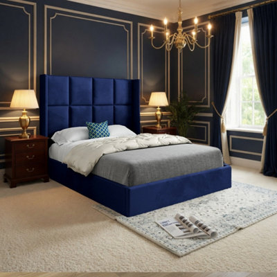  - Stafford Winged Upholstered Blue Soft Velvet Designer Bed Frame